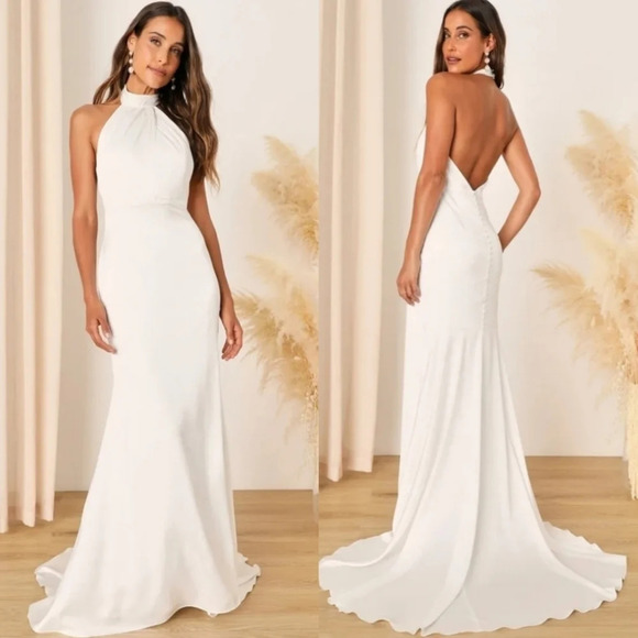 Lulu's Eternity Together White Satin Halter Mermaid Maxi Dress Wedding Bridal